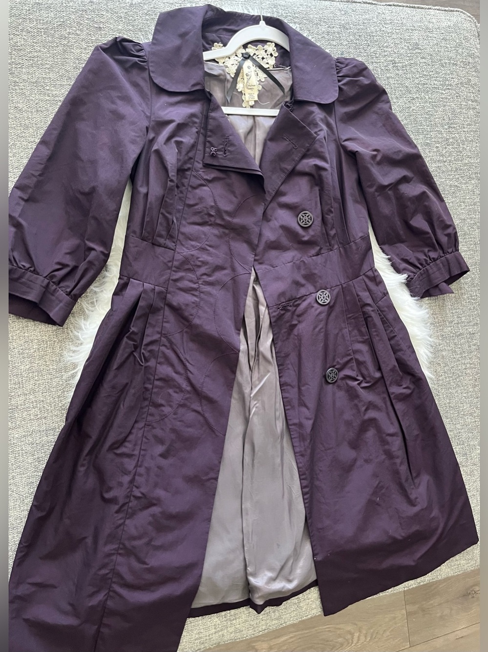 Anthropology Floreat Deep Plum Trench Coat - Double-Breasted A-Line